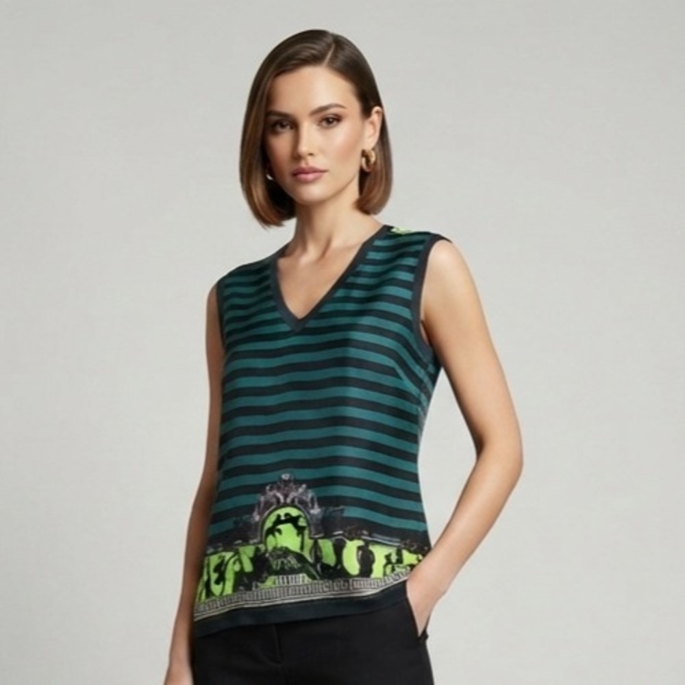 Versace Collection Silk Blouse Size Small? Striped Grecian Print Knit Back